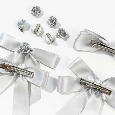 Elegant Silver Gray Satin Ribbon Bowknot Hair Clips For Women Metal Rose Decoration Sweet Duckbill Clip Hair Accessories
