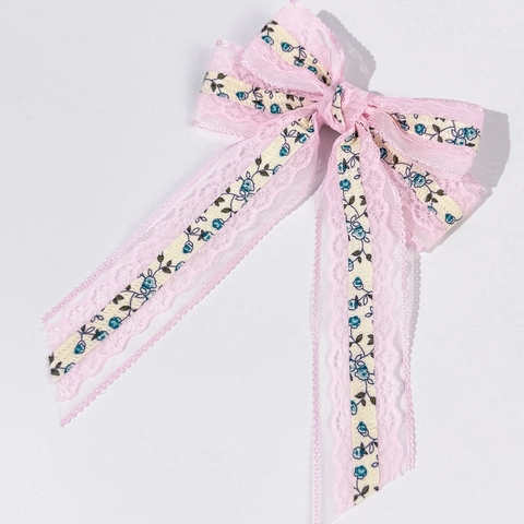 Pastoral Spitze Schleife Haarspange Süßes Mädchen Blumendruck Schnabelclip Handgefertigte Band Schleife Elegante Haarschmuck