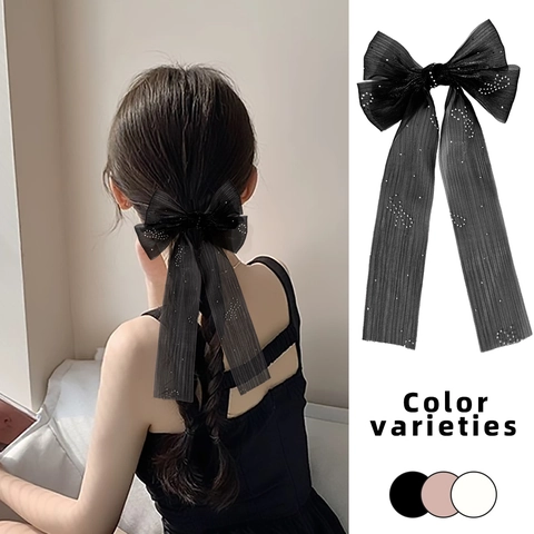Pinza para el Cabello de Malla Elegante Francesa con Lazo y Strass Cinta Larga Streamer Dulce Horquilla Accesorio para Mujer