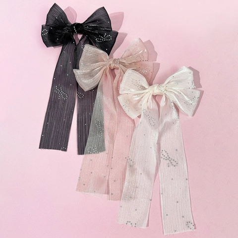 Pinza para el Cabello de Malla Elegante Francesa con Lazo y Strass Cinta Larga Streamer Dulce Horquilla Accesorio para Mujer