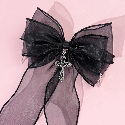Pinza para el Cabello de Lazo de Malla Gótica Dulce Fresca Con Cinta Larga Colgante de Cruz Y2K Harajuku Estilo Oscuro Accesorios