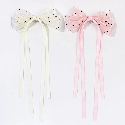 Pinza para el Pelo con Lazo de Malla de Lunares Dulce Con Cintas Largas Estilo Coreano Accesorios para el Cabello de Moda