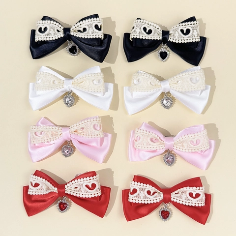 Dolci Fermagli per Capelli con Fiocco in Pizzo e Nastro di Raso in Stile Giapponese Con Ciondolo a Cuore Strass per Donna