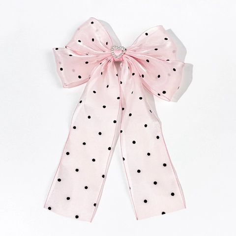 Pinza para el Pelo con Lazo de Gasa de Malla de Lunares con Diamantes de Corazón Cinta Larga Estilo Mori para Mujer