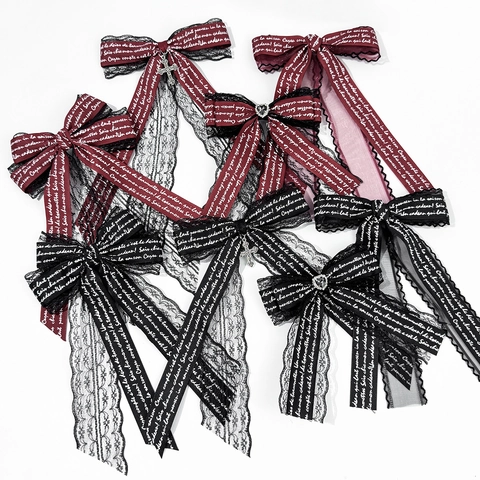 Fermaglio per Capelli Goth Lolita con Fiocco in Pizzo per Donna Stampa di Caratteri Francesi Cuore Strass Croce Ciondolo Accessori per Capelli