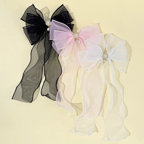 Elegante Fermaglio per Capelli a Fiocco in Rete per Donna Stile Fata Nappa di Perle Artificiali Clip a Molla Gioielli