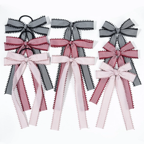 Pinza de Pelo de Lazo de Cinta de Cuadros Estilo Japonés para Mujer Dulce Patrón de Cuadros Fresco con Borlas Largas Accesorio para el Cabello Académico