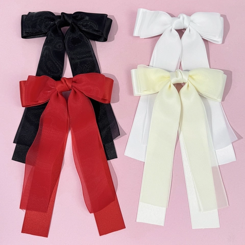 Elegant Layered Mesh Satin Ribbon Bow Hair Clip With Long Streamers Sweet French Style Large Hairpin Women Hair Accessories