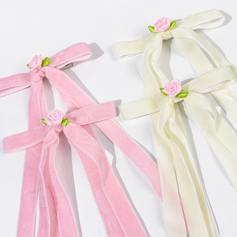 Pastoraal Fluweel Strik Haarclip Voor Dames Zoete Bloem Lint Eendebek Clip Handgemaakte Meisjesachtige Strik Haarnaald Sieraden