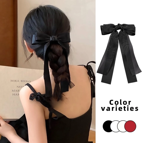 Elegant Layered Mesh Satin Ribbon Bow Hair Clip With Long Streamers Sweet French Style Large Hairpin Women Hair Accessories