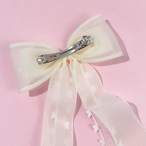Elegante Fermaglio per Capelli a Fiocco in Organza con Nappe in Perla Artificiale Cuore Ricamato Nastro Lungo per Donna