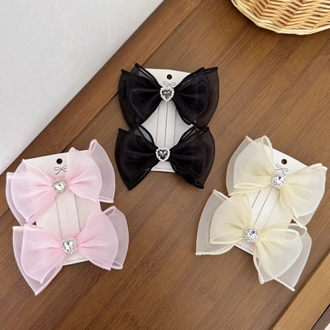 Süße Strass Herz Netzgewebe Schleife Haarspange Für Mädchen Balletcore Handmade Gaze Schleife Entenschnabel Clip Mode Haarschmuck