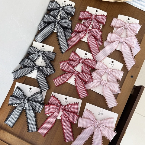Pinza Para El Pelo Con Lazo De Tela A Cuadros Con Borde De Encaje Estilo Preppy Dulce Cinta Clip De Pico De Pato Para Mujer Accesorios Para El Cabello