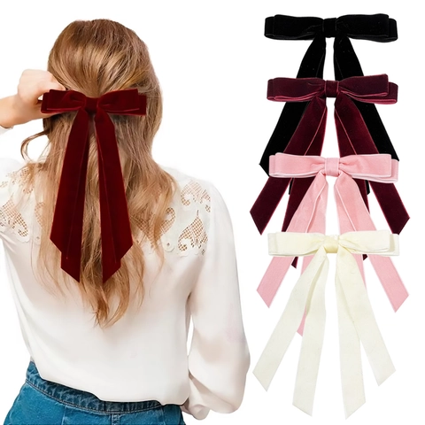 Elegant Samt Schleife Haarspange Mit Langen Bändern Vintage Große Schleife Entenschnabelklemme Für Damen Mode Haarschmuck