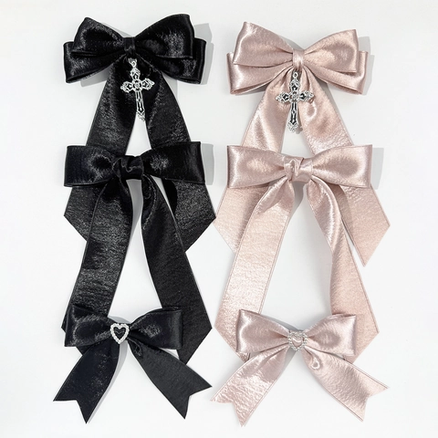 Pince à Cheveux Nœud en Satin Élégante pour Femme Avec Pendentif Croix Strass Cœur Ruban Long Accessoires de Cheveux