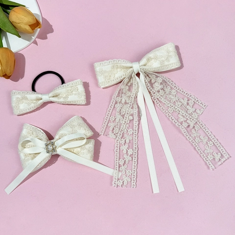 Fermagli per Capelli e Elastici in Pizzo Francese Retrò con Fiocco Künstliche Perle Sintetiche Strass Accessori Capelli Stile Mori Donna