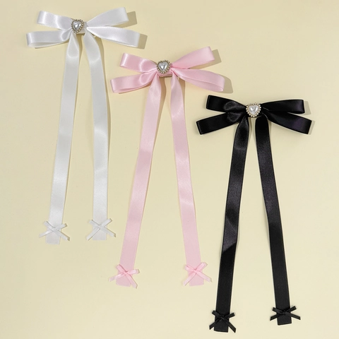 Fermaglio per Capelli Fiocco in Raso Balletcore Con Perla Artificial a Cuore Strass Nastro Lungo Dolce Forcina Stile Coreano Donna Ragazze Gioielli