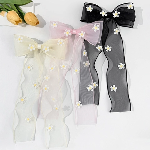 Koreanischer Stil Schleife Haarspange Bestickt Gänseblümchen Organza Streamer Französische Barrette Elegant Blumenschmuck Damen
