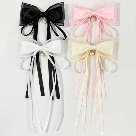 Eleganter Bogen Haarspange Mit Künstliche Perlenanhänger Satin Organza Langem Band Entenschnabel-Clip Für Damen Süßer Koreanischer Haarschmuck
