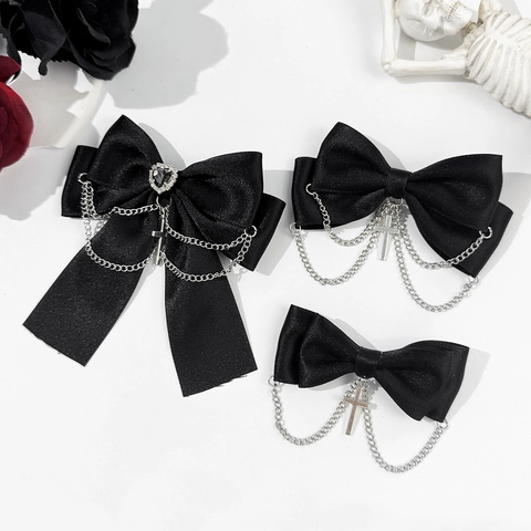 Gothic Punk Schwarze Satin Schleife Haarspange Mit Silberner Kette Kreuz Herz Strass Coole Haaraccessoires Für Damen Schmuck