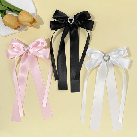 Pince à Cheveux Nœud Style Ballet Avec Strass en Cœur et Longs Rubans Pince Bec de Canard pour Femme Accessoires Cheveux
