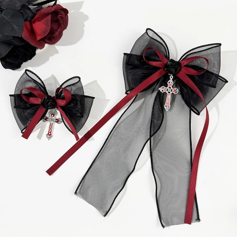 Fermaglio per Capelli con Fiocco in Rete Gothic Punk con Ciondolo a Croce e Rosa Nera Copricapo Vintage Dark Lolita Accessori per Capelli da Donna