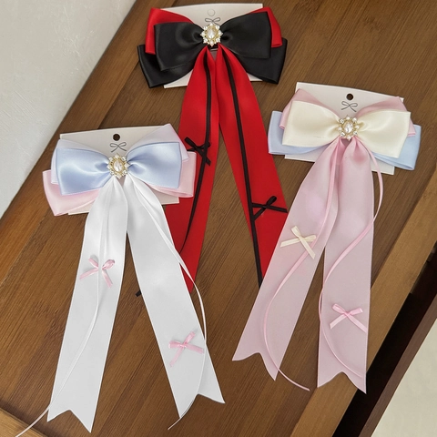 Koreaanse Zoete Strik Haarklem Lange Webbing Lint Kunstparel Strass Lolita Prinses Haarspelden Vrouwen Haar Sieraden