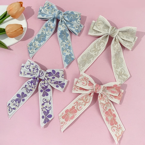 Ethno Bestickt Schleife Haarspange Mit Langem Band Vintage Floral Entenschnabel-Clip Süßer Stoff Haarschmuck Für Damen