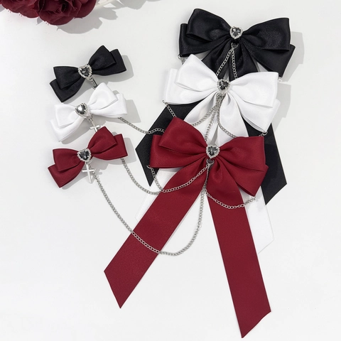 Fermagli per Capelli Gothic in Satin a Fiocco Con Catene in Metallo Argento Cuore Strass e Ciondolo a Croce per Donna Gioielli