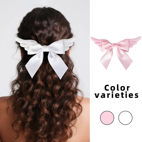 Sweet Lolita Angel Wings Bow Hair Clip For Women Plush Satin Ribbon Hairpin Cute Handmade Cosplay Headwear Hair Accessory