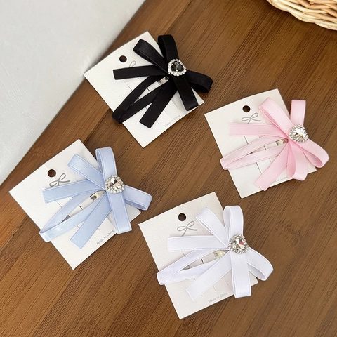 Sweet Balletcore Bow Hair Clip With Heart Rhinestone Handmade Ribbon Side Snap Clip Hairpin For Women Girls Jewelry Gift