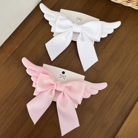Sweet Lolita Angel Wings Bow Hair Clip For Women Plush Satin Ribbon Hairpin Cute Handmade Cosplay Headwear Hair Accessory