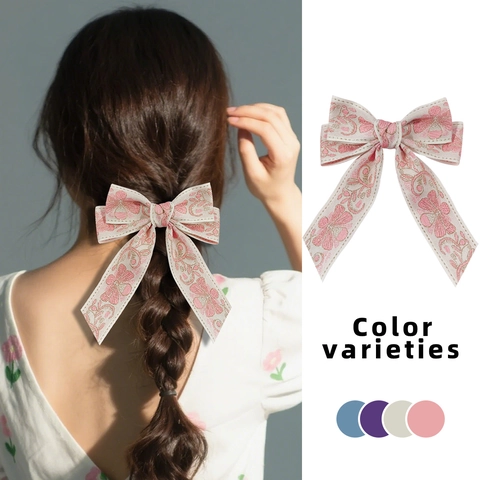 Ethno Bestickt Schleife Haarspange Mit Langem Band Vintage Floral Entenschnabel-Clip Süßer Stoff Haarschmuck Für Damen