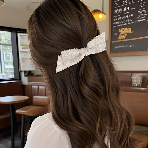 Fermaglio per Capelli a Fiocco in Pizzo Vintage Francese in Nastro Ricamato Floreale Con Perla Artificiale Strass Donna