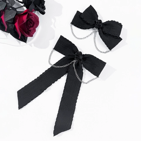 Gothic Schwarz Schleife Haarklammer Handgefertigte Rose Silber Kette Punk Lolita Haarschmuck Dunkler Stil Damen Mode Kopfschmuck