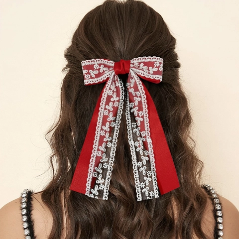 Elegant Lace Satin Bow Hair Clip With Long Streamers Handmade French Style Hairpin Back Head Hair Accessories For Women