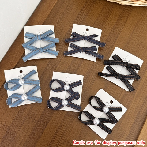 Handmade Denim Bow Hair Clip With Artificial Pearl For Women Vintage Sweet Korean Style Blue Black Jean Fringe Clip