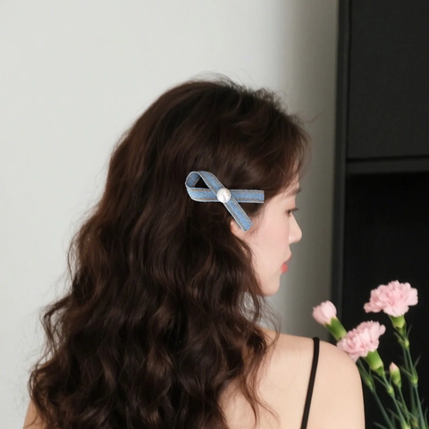 Handmade Denim Bow Hair Clip With Artificial Pearl For Women Vintage Sweet Korean Style Blue Black Jean Fringe Clip