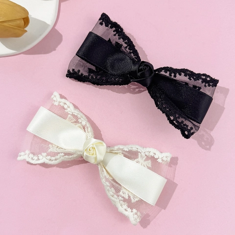 Vintage Spitze Schleife Haarspange Für Damen Französisch Mori Girl Stil Rose Satin Entenschnabelklemme Sweet Lolita Kopfschmuck