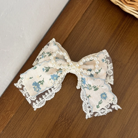 Fermaglio per Capelli Fiocco Floreale in Pizzo Dolce Principessa Donna Perla Artificiale Fatto a Mano Stile Coreano