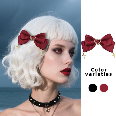 Fermaglio per Capelli con Fiocco in Raso Gotico per Donna Ciondolo a Croce con Strass a Cuore Retro Punk Accessori per Capelli Lolita