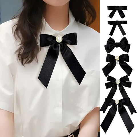 Elegante Broche de Lazo de Satén Negro para Mujer Estilo Preppy Alfiler de Aleación con Perlas Artificiales Joyería Vintage
