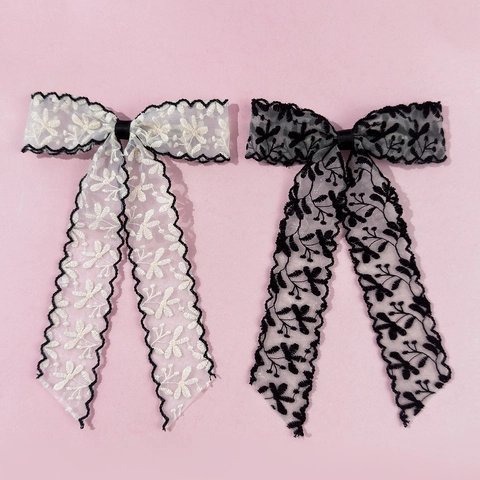Fermaglio per Capelli con Fiocco in Pizzo Ricamato Vintage Francese Elegante Nastro Lungo Floreale Becco di Corvo Donna