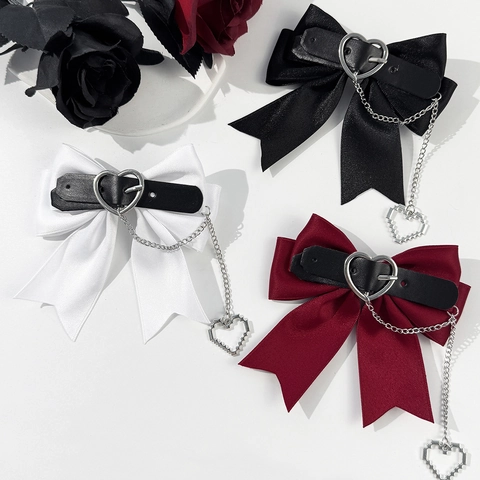 Gothic Bow Hair Clip Ribbon Artificial Leather Heart Buckle Metal Chain Pixel Heart Pendant Lolita Punk Hair Accessory Women