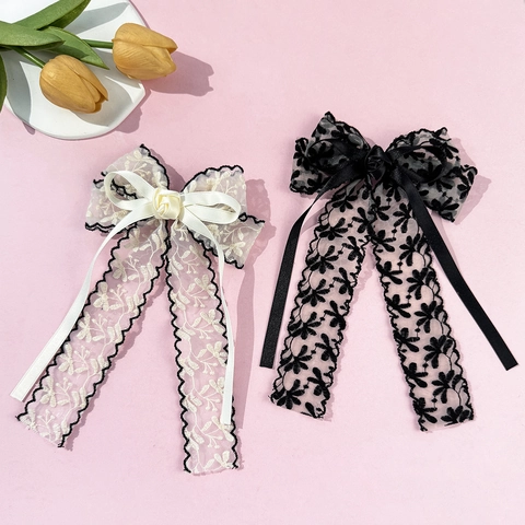 French Elegant Lace Embroidered Bow Ribbon Hair Clip Vintage Floral Mesh Hairclip For Women Sweet Hair Accessories