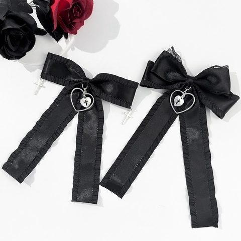 Gothic Lolita Zwarte Satijnen Strik Haarspeld Met Hart Kruis Metalen Hanger Ruches Rand Sweet Cool Dark Style Lint