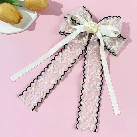 French Elegant Lace Embroidered Bow Ribbon Hair Clip Vintage Floral Mesh Hairclip For Women Sweet Hair Accessories