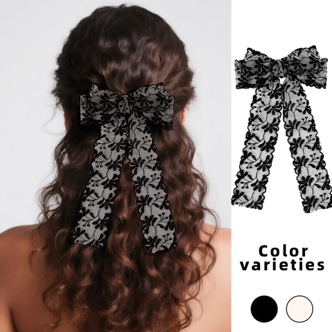 Pinza para el Cabello con Lazo de Encaje Bordado Elegante Francés con Cintas Largas Vintage Malla Floral para Mujer Accesorios