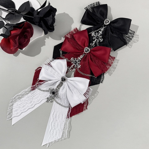 Fermaglio per Capelli con Fiocco in Pizzo Gothic Lolita Con Pendente a Croce Gemma a Cuore Catena in Metallo Accessorio Capelli Punk per Donna Festa