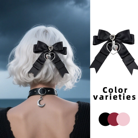 Fermagli per Capelli Gotici Lolita con Fiocco in Raso Cuore Croce Pendente Strass Mollette Punk Harajuku Accessori Capelli